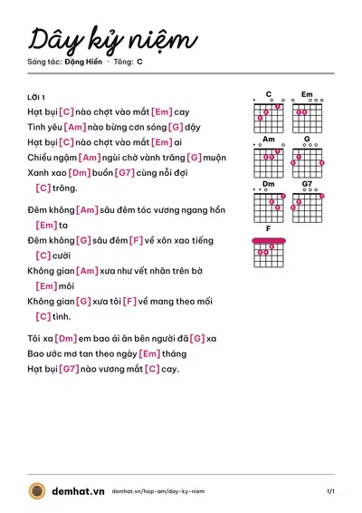 Hợp âm Dây kỷ niệm (Dzoãn Minh) – bản nhạc PDF trang 1, tông C