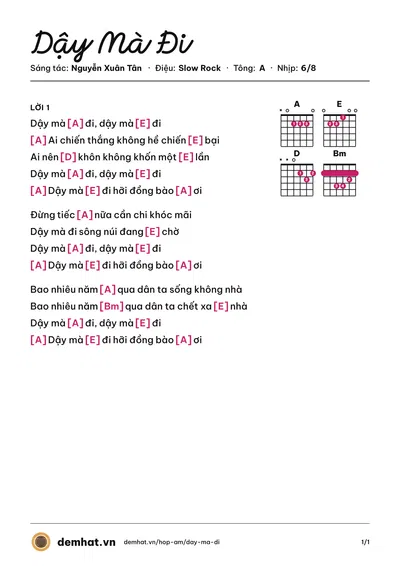 Hợp âm Dậy Mà Đi (Tốp Ca) – bản nhạc PDF trang 1, tông A
