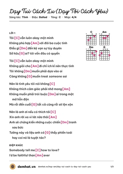 Hợp âm Dạy Tui Cách Iu (Dạy Tôi Cách Yêu) (Tlinh) – bản nhạc PDF trang 1, tông C