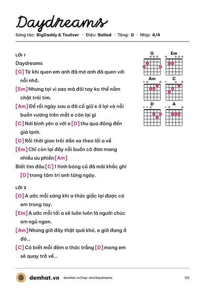 Hợp âm Daydreams (BigDaddy) – bản nhạc PDF trang 1, tông G