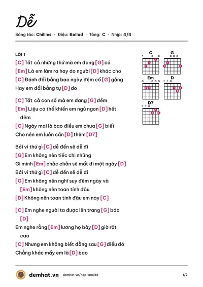 Hợp âm Dễ (Chillies) – bản nhạc PDF trang 1, tông C