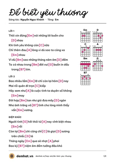 Hợp âm Để biết yêu thương (Nguyễn Ngọc Khánh) – bản nhạc PDF trang 1, tông Em