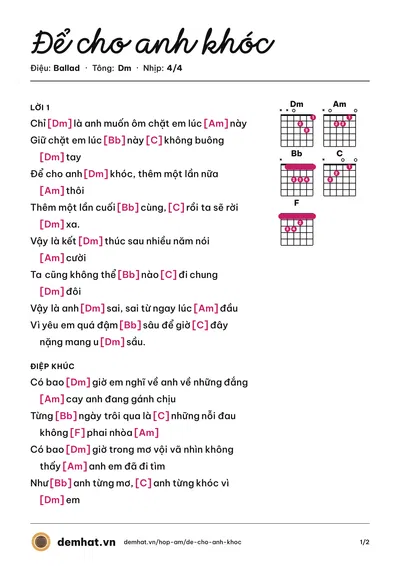 Hợp âm Để cho anh khóc (Kenbi Trần) – bản nhạc PDF trang 1, tông Dm