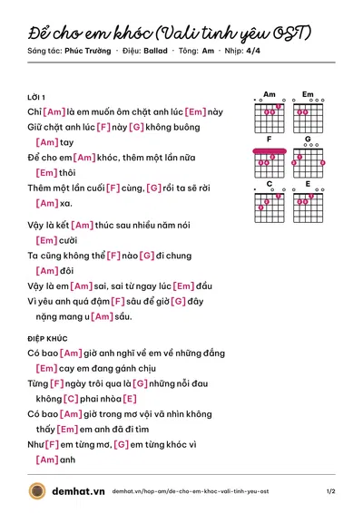 Hợp âm Để cho em khóc (Vali tình yêu OST) (Vy Oanh) – bản nhạc PDF trang 1, tông Am
