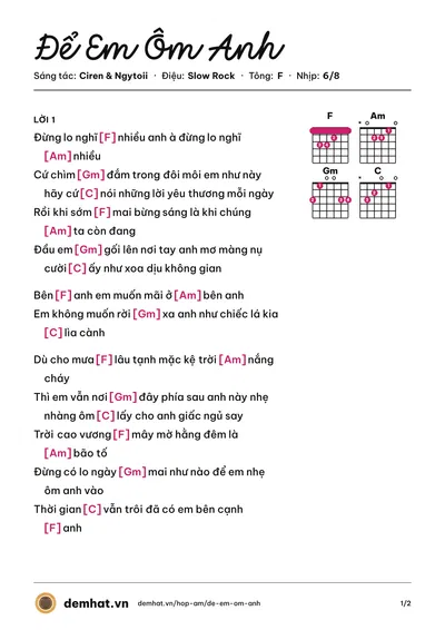 Hợp âm Để Em Ôm Anh (Ngytoii) – bản nhạc PDF trang 1, tông F