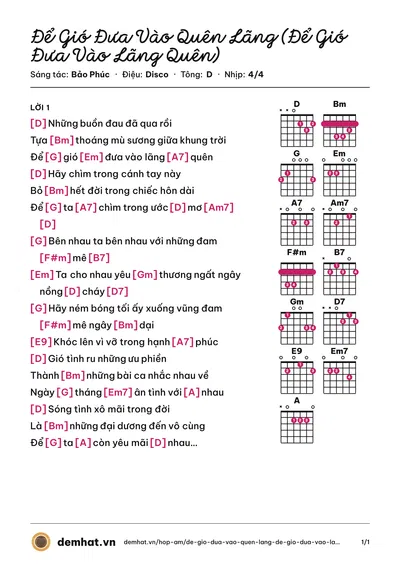 Hợp âm Để Gió Đưa Vào Quên Lãng (Để Gió Đưa Vào Lãng Quên) (Hồng Nhung) – bản nhạc PDF trang 1, tông D