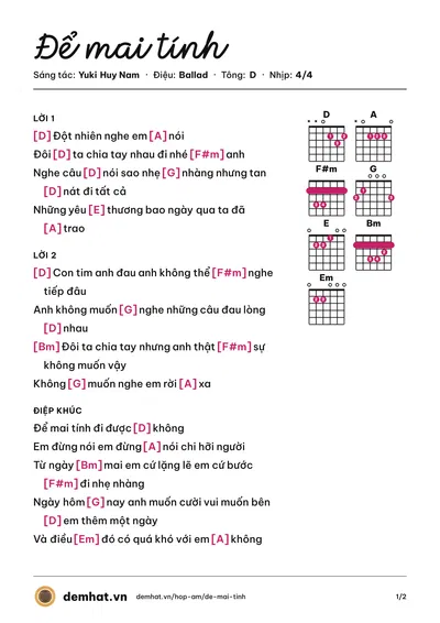 Hợp âm Để mai tính (Yuki Huy Nam) – bản nhạc PDF trang 1, tông D