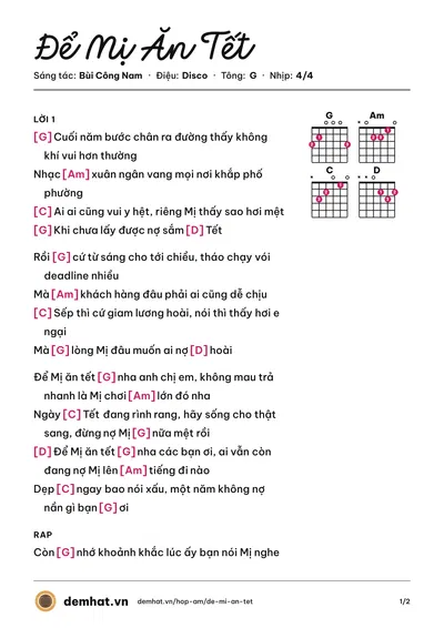 Hợp âm Để Mị Ăn Tết (Bùi Công Nam) – bản nhạc PDF trang 1, tông G