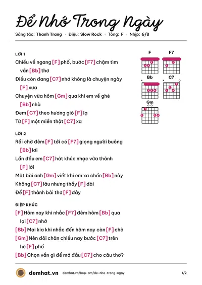 Hợp âm Để Nhớ Trong Ngày (Vũ Trung Hiền) – bản nhạc PDF trang 1, tông F