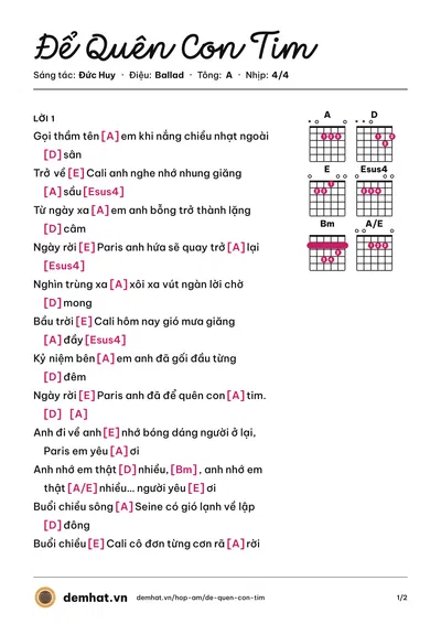 Hợp âm Để Quên Con Tim (Đức Huy) – bản nhạc PDF trang 1, tông A