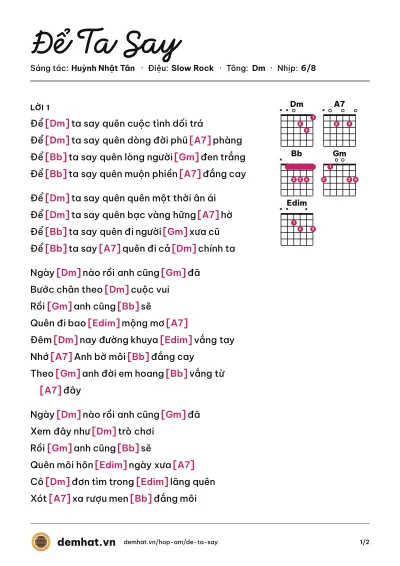 Hợp âm Để Ta Say (Hồ Lệ Thu) – bản nhạc PDF trang 1, tông Dm