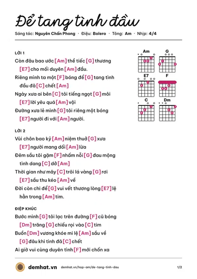 Hợp âm Để tang tình đầu (Hoàng Châu) – bản nhạc PDF trang 1, tông Am