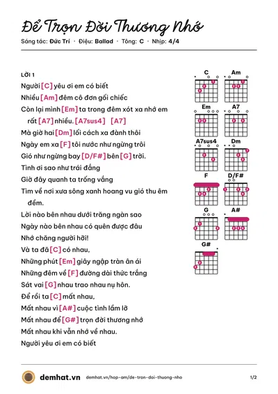Hợp âm Để Trọn Đời Thương Nhớ (Lam Trường) – bản nhạc PDF trang 1, tông C
