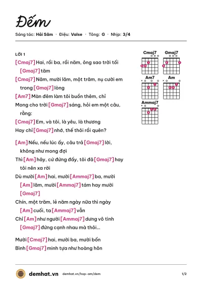 Hợp âm Đếm (Hải Sâm) – bản nhạc PDF trang 1, tông G