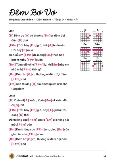 Hợp âm Đêm Bơ Vơ (Đặng Thế Luân) – bản nhạc PDF trang 1, tông D