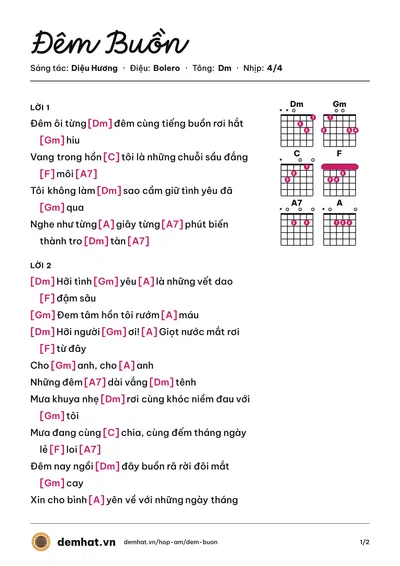 Hợp âm Đêm Buồn (Quang Dũng) – bản nhạc PDF trang 1, tông Dm