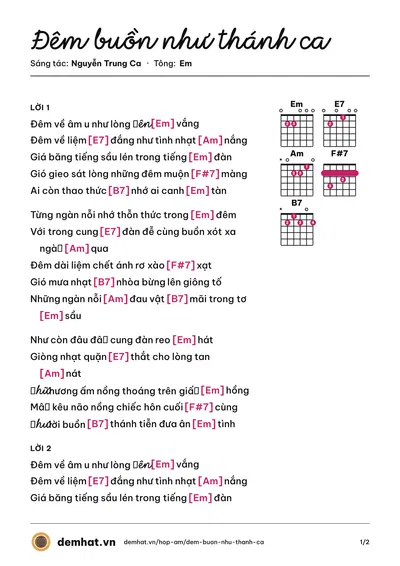 Hợp âm Đêm buồn như thánh ca (Dạ Nhật Yến) – bản nhạc PDF trang 1, tông Em