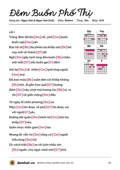 Hợp âm Đêm Buồn Phố Thị (Mạnh Quỳnh) – bản nhạc PDF trang 1, tông Gm