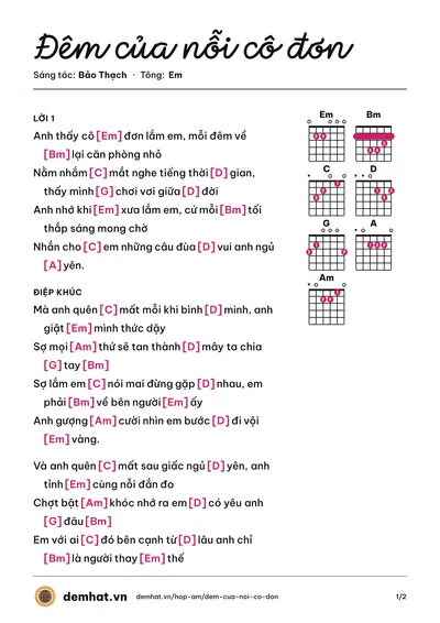 Hợp âm Đêm của nỗi cô đơn (Bảo Thạch) – bản nhạc PDF trang 1, tông Em