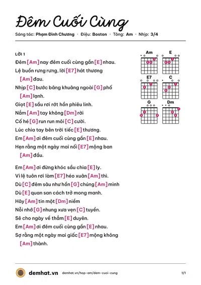 Hợp âm Đêm Cuối Cùng (Tuấn Ngọc) – bản nhạc PDF trang 1, tông Am