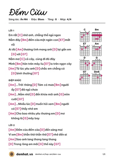Hợp âm Đếm Cừu (Han SaRa) – bản nhạc PDF trang 1, tông G