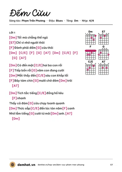 Hợp âm Đếm Cừu (Phạm Trần Phương) – bản nhạc PDF trang 1, tông Dm
