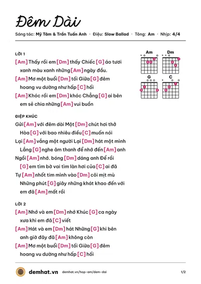 Hợp âm Đêm Dài (Mỹ Tâm) – bản nhạc PDF trang 1, tông Am