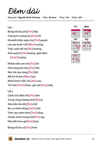 Hợp âm Đêm dài (Nguyễn Đình Chương) – bản nhạc PDF trang 1, tông Fm