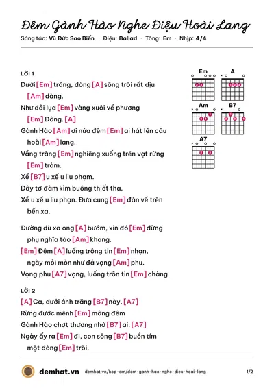 Hợp âm Đêm Gành Hào Nghe Điệu Hoài Lang (Cẩm Ly) – bản nhạc PDF trang 1, tông Em