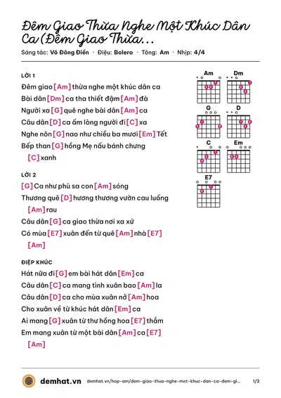 Hợp âm Đêm Giao Thừa Nghe Một Khúc Dân Ca (Đêm Giao Thừa Nghe Khúc Dân Ca) (Lê Sang) – bản nhạc PDF trang 1, tông Am