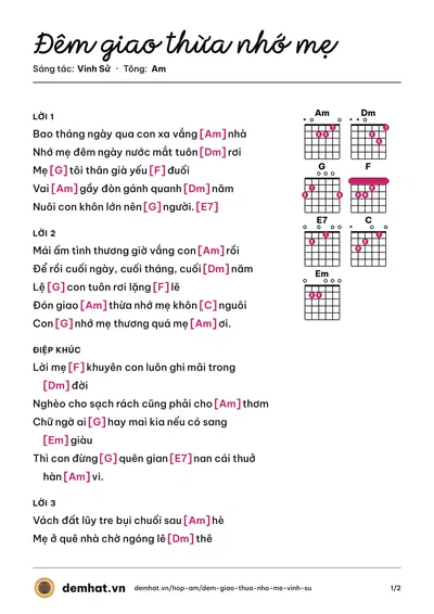 Hợp âm Đêm giao thừa nhớ mẹ (Vinh Sử) – bản nhạc PDF trang 1, tông Am