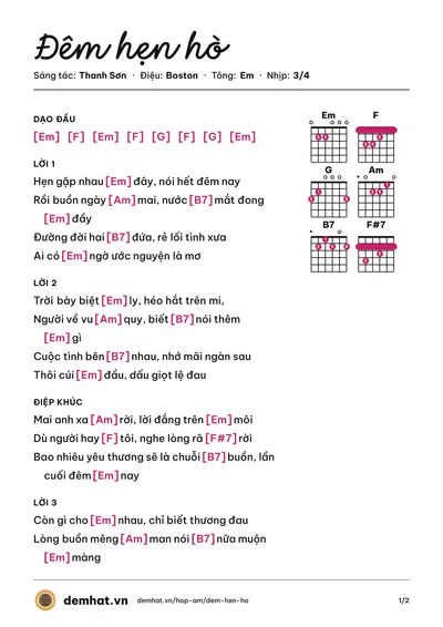 Hợp âm Đêm hẹn hò (Dạ Hương) – bản nhạc PDF trang 1, tông Em