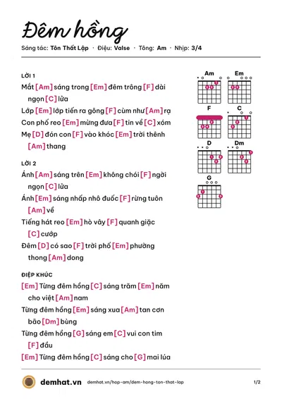Hợp âm Đêm hồng (Tôn Thất Lập) – bản nhạc PDF trang 1, tông Am