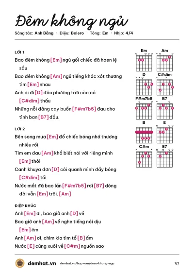 Hợp âm Đêm không ngủ (Tuấn Vũ) – bản nhạc PDF trang 1, tông Em