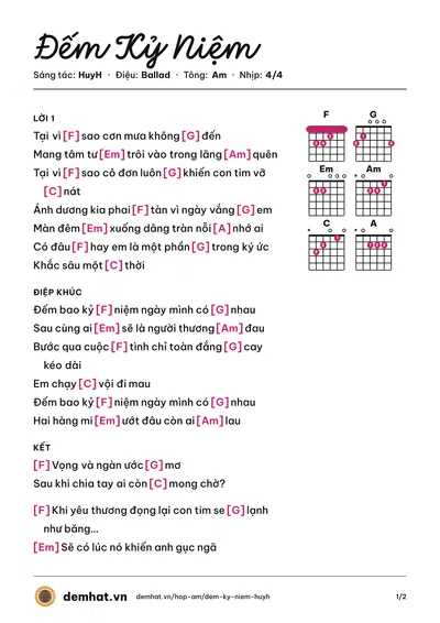 Hợp âm Đếm Kỷ Niệm (HuyH) – bản nhạc PDF trang 1, tông Am