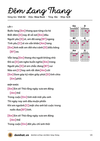 Hợp âm Đêm Lang Thang (Đàm Vĩnh Hưng) – bản nhạc PDF trang 1, tông Em