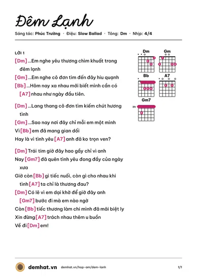 Hợp âm Đêm Lạnh (Cao Thái Sơn) – bản nhạc PDF trang 1, tông Dm
