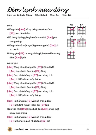 Hợp âm Đêm lạnh mùa đông (Lê Quốc Thắng) – bản nhạc PDF trang 1, tông Am