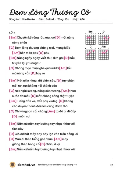 Hợp âm Đem Lòng Thương Cô (Kang Hii) – bản nhạc PDF trang 1, tông Em