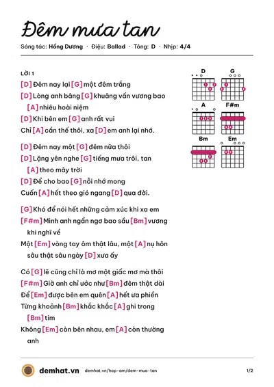 Hợp âm Đêm mưa tan (Hồng Dương) – bản nhạc PDF trang 1, tông D
