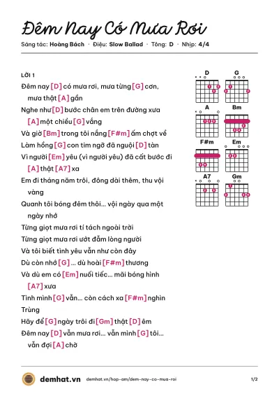 Hợp âm Đêm Nay Có Mưa Rơi (AC&M) – bản nhạc PDF trang 1, tông D
