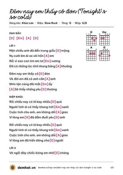 Hợp âm Đêm nay em thấy cô đơn (Tonight's so cold) (Khánh Hà) – bản nhạc PDF trang 1, tông D