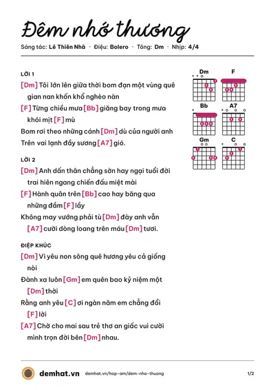 Hợp âm Đêm nhớ thương (Lê Minh Trung) – bản nhạc PDF trang 1, tông Dm