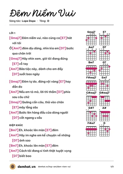 Hợp âm Đêm Niềm Vui (Hoàng Dương) – bản nhạc PDF trang 1, tông D
