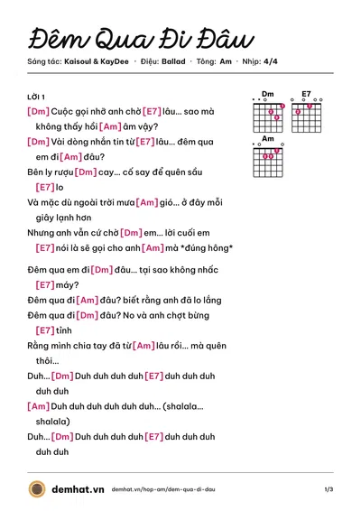 Hợp âm Đêm Qua Đi Đâu (Kaisoul) – bản nhạc PDF trang 1, tông Am