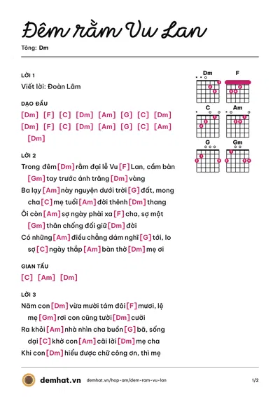 Hợp âm Đêm rằm Vu Lan (Đoàn Lâm) – bản nhạc PDF trang 1, tông Dm