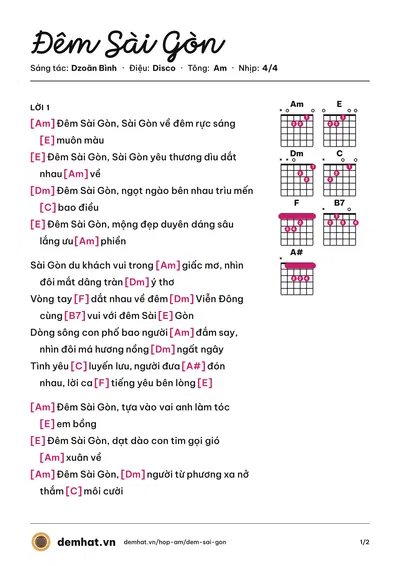 Hợp âm Đêm Sài Gòn (Mắt Ngọc) – bản nhạc PDF trang 1, tông Am