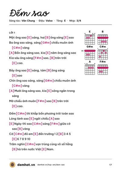 Hợp âm Đếm sao (Tốp ca thiếu nhi) – bản nhạc PDF trang 1, tông E
