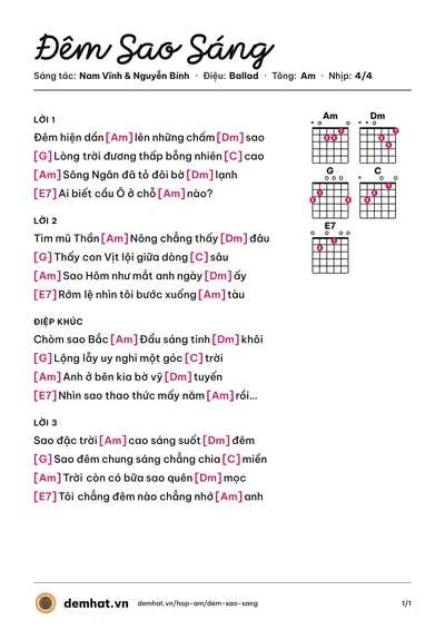 Hợp âm Đêm Sao Sáng (Nam Vĩnh) – bản nhạc PDF trang 1, tông Am