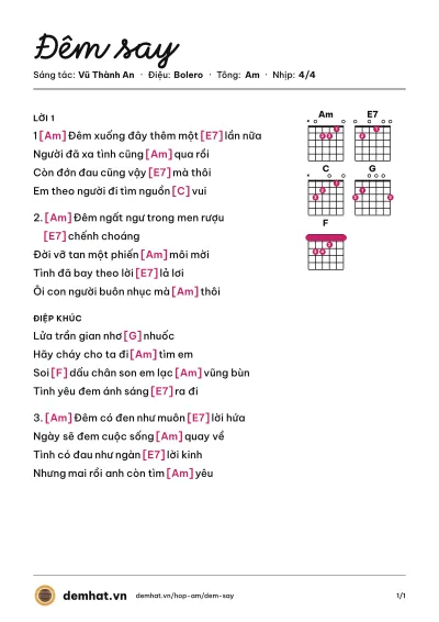 Hợp âm Đêm say (Vũ Khanh) – bản nhạc PDF trang 1, tông Am